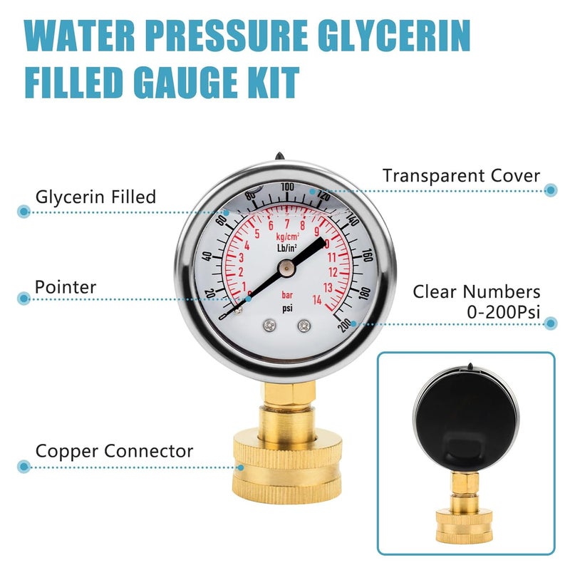 PROSOCOOL Universal Water Pressure Glycerin Filled Gauge Kit 0-200 Psi for All Purpose Water Pressure Measurement, 3/4" Female Garden Hose Thread Water Dial Gauge with Extra 5 Adapters for Multiple Use - Image 4